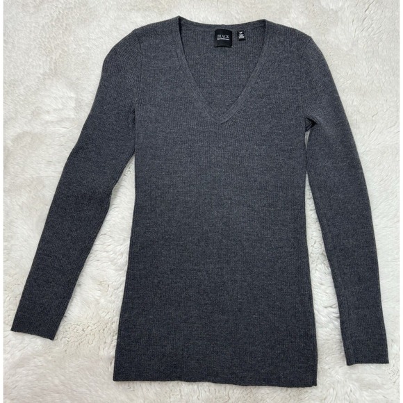 Saks 5th Ave Sweater black Label 100% Merino Wool Gray Rib Knit MINT - Picture 1 of 7